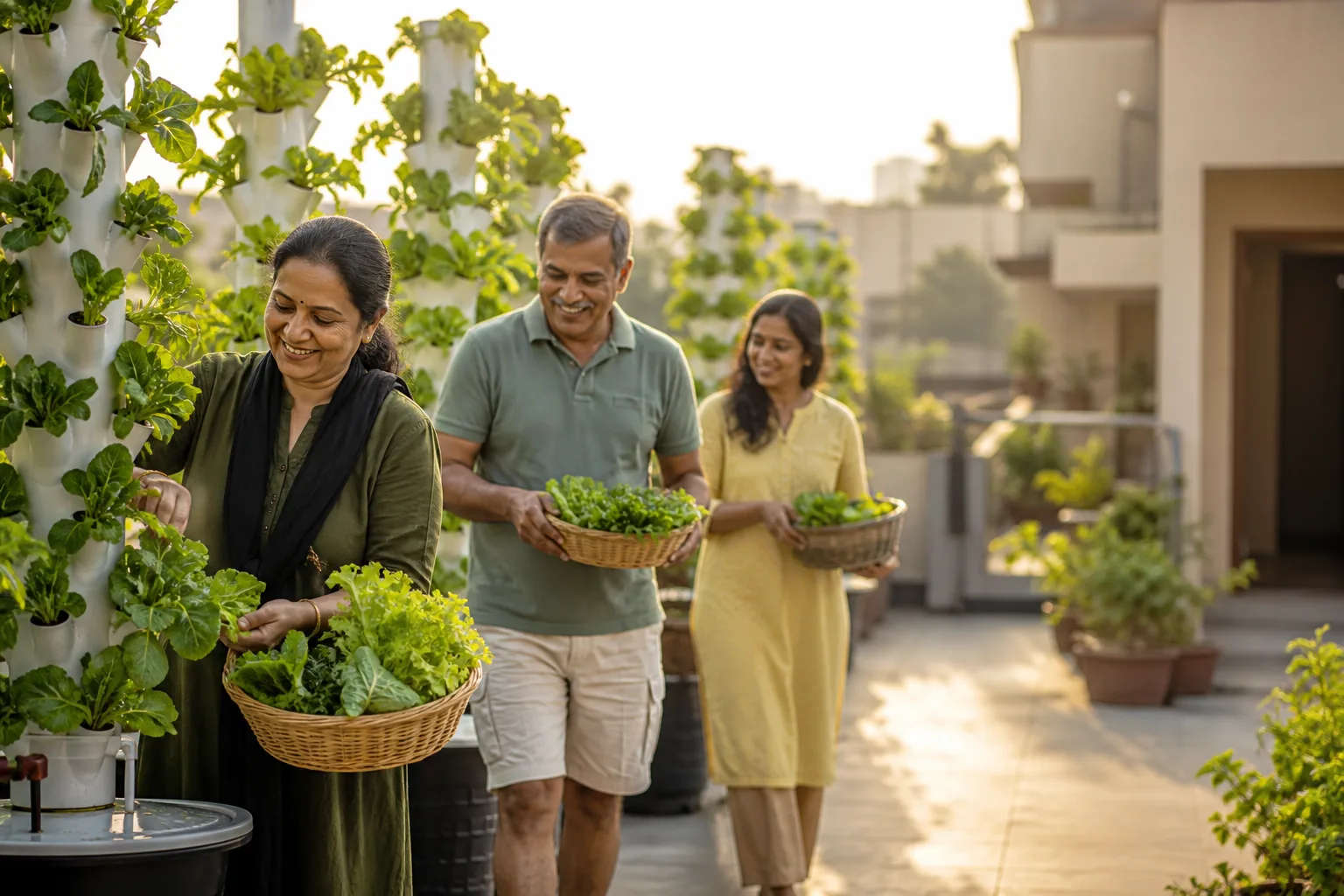 Residents harvesting leafy greens together from a rooftop urban farm in their community