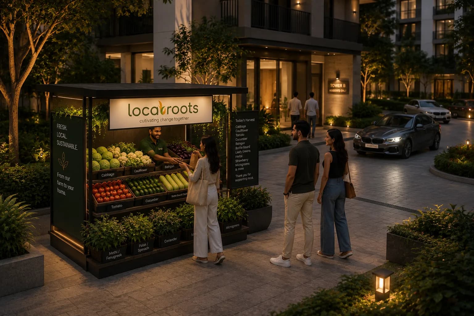 A Locaroots kiosk vendor serving fresh vegetables to a resident at a residential community entrance in the evening