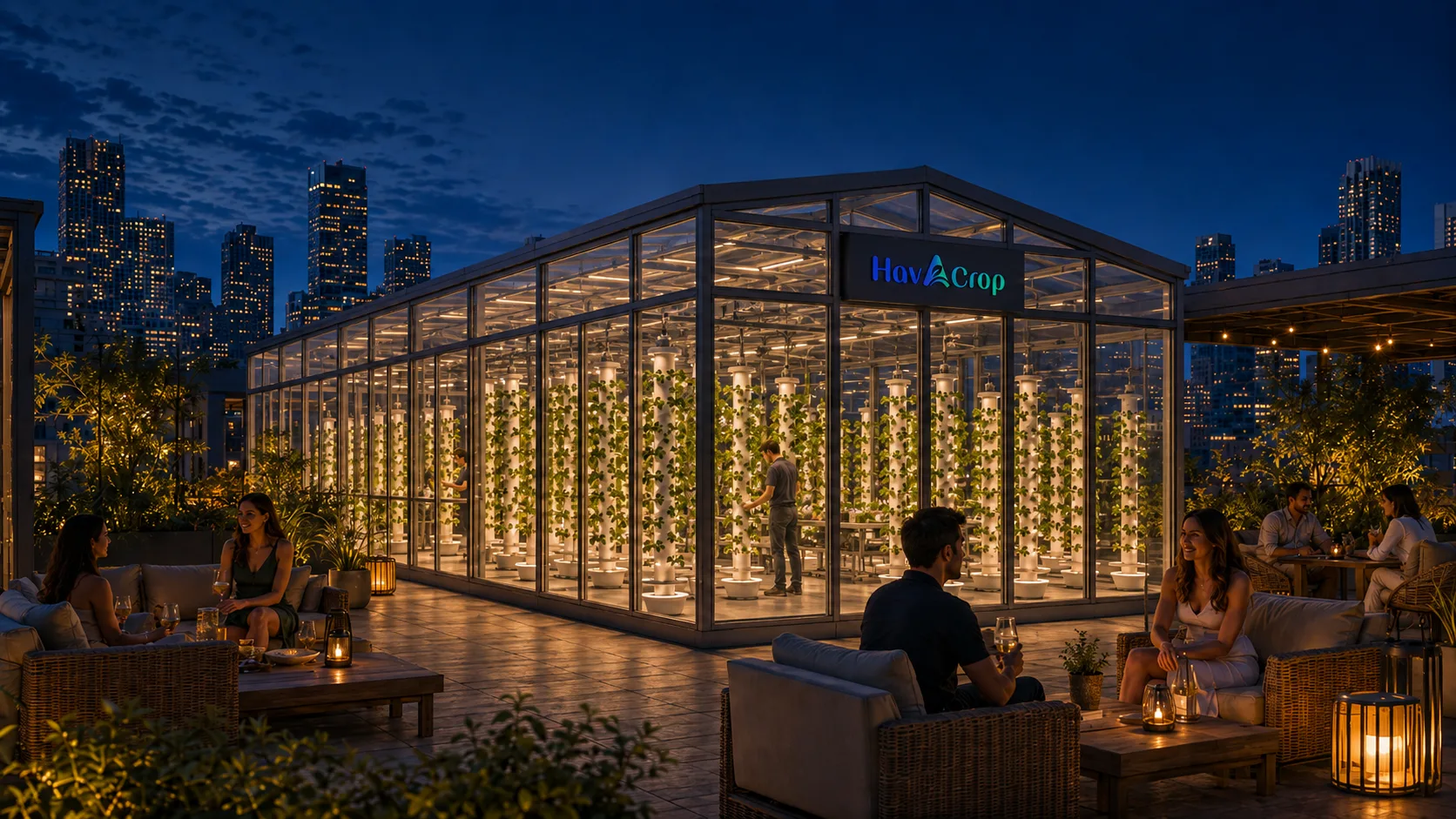 A rooftop lounge at night, residents socializing beside a glowing Havacrop greenhouse with a city skyline behind