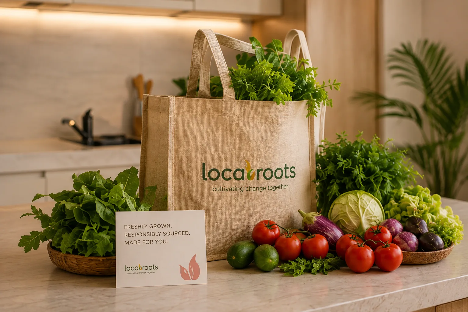 A Locaroots branded tote bag overflowing with fresh greens on a home kitchen counter, surrounded by tomatoes, cabbage, and eggplant
