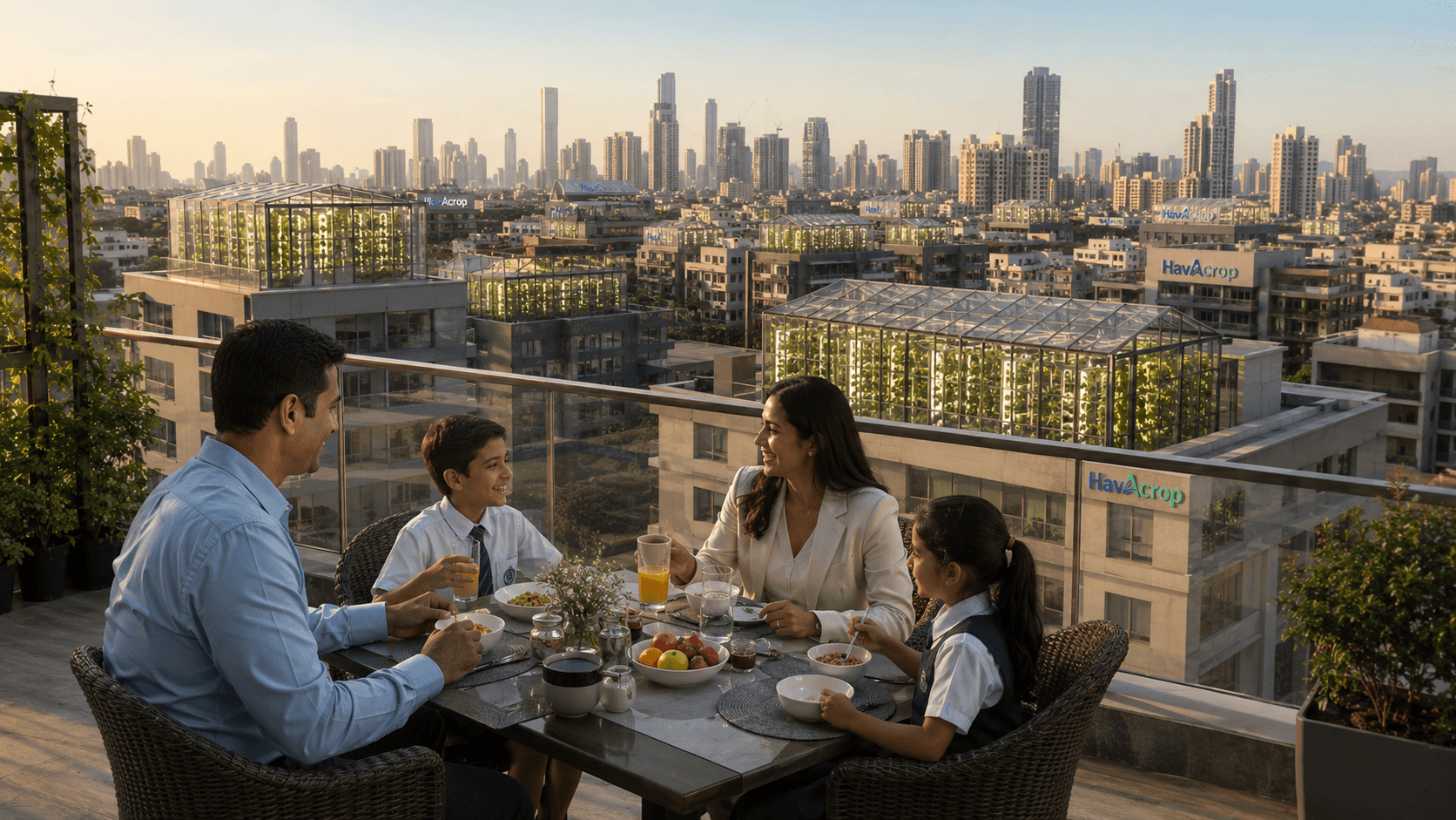 A family sharing breakfast on a rooftop terrace at sunrise, with Havacrop greenhouses and the city skyline behind them
