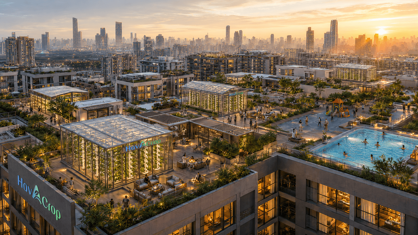 A community rooftop farm at sunrise, with residents gathering around greenhouses, a pool and shared garden space across a city skyline