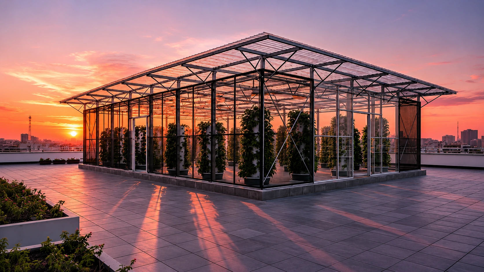 Rooftop hydroponic farm with vertical grow towers beneath a transparent greenhouse roof at sunset