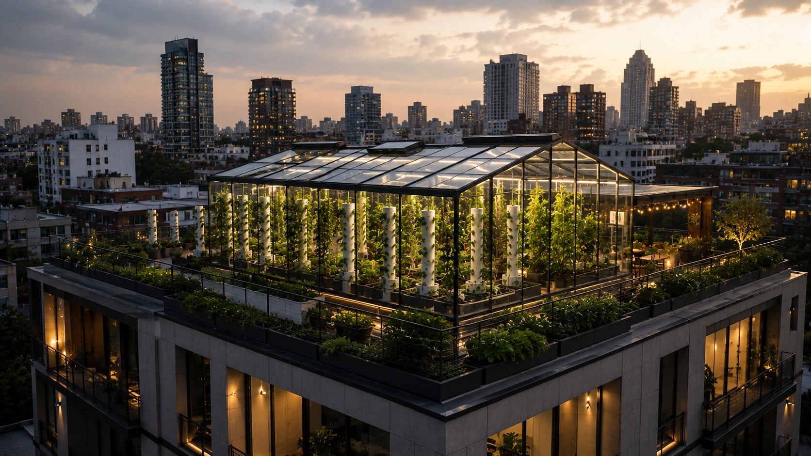 Rooftop hydroponic greenhouse with vertical grow towers against a city skyline at dusk