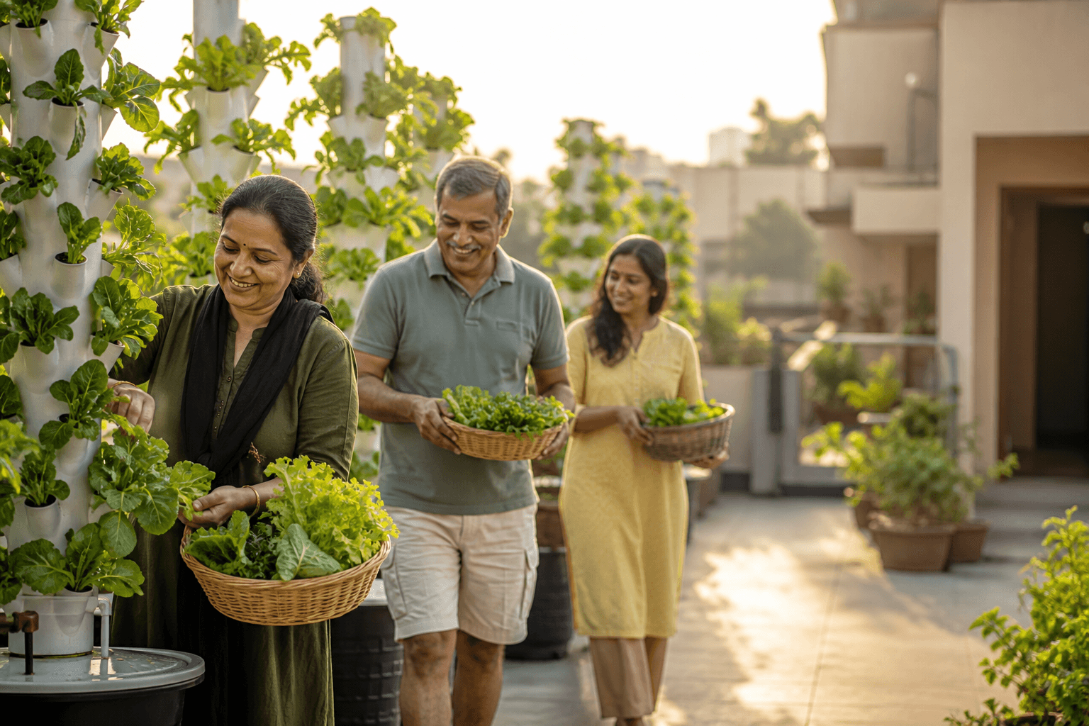 Residents harvesting leafy greens together from a rooftop urban farm in their community