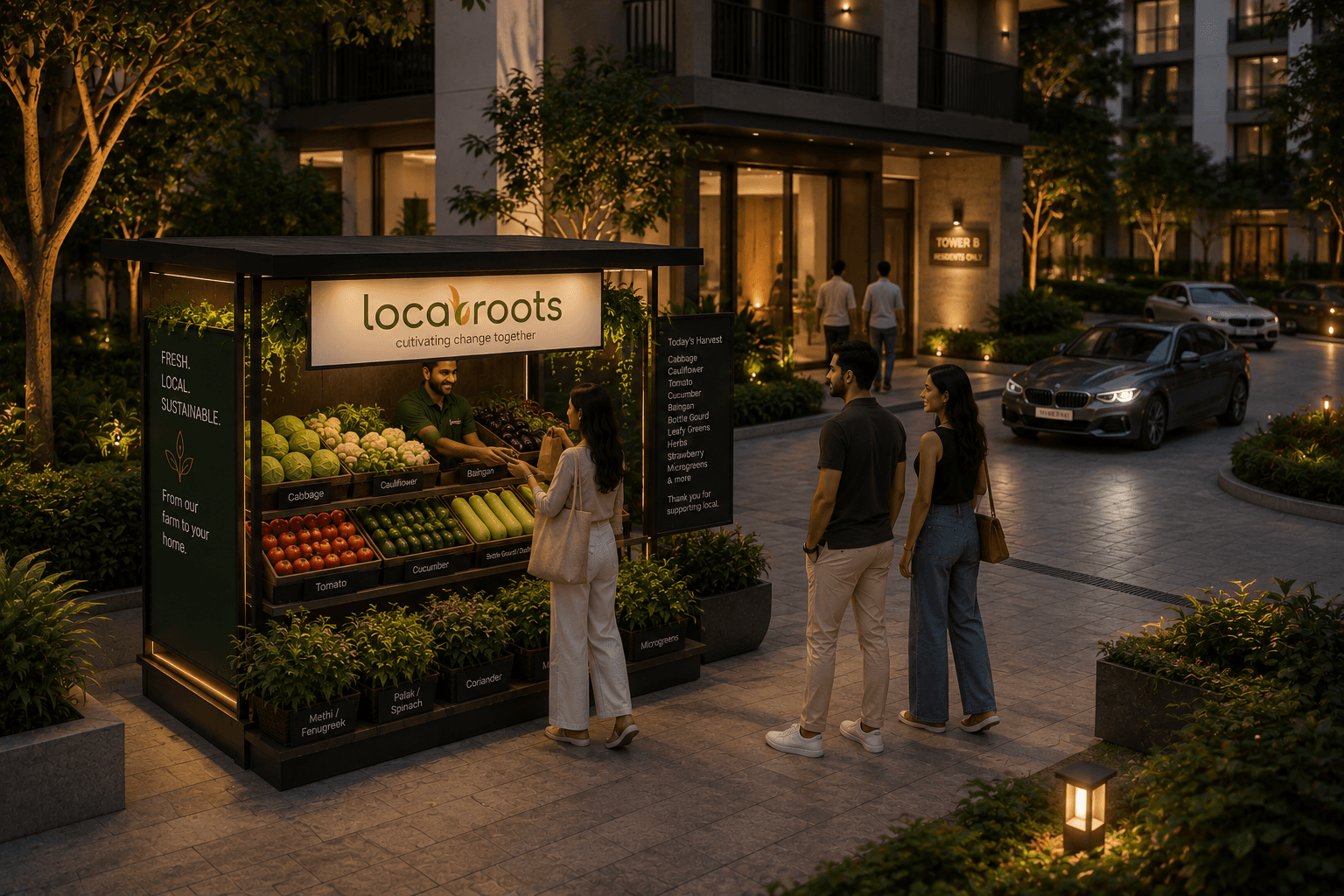 A Locaroots kiosk vendor serving fresh vegetables to a resident at a residential community entrance in the evening