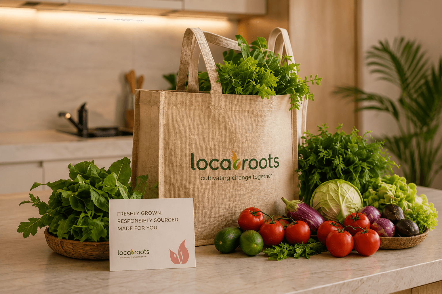 A Locaroots branded tote bag overflowing with fresh greens on a home kitchen counter, surrounded by tomatoes, cabbage, and eggplant