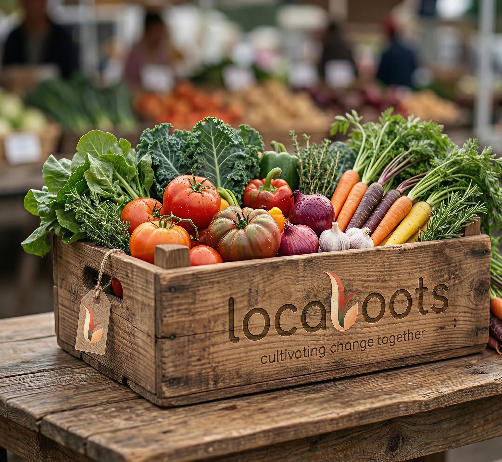 Fresh Locaroots produce — crate of locally grown vegetables