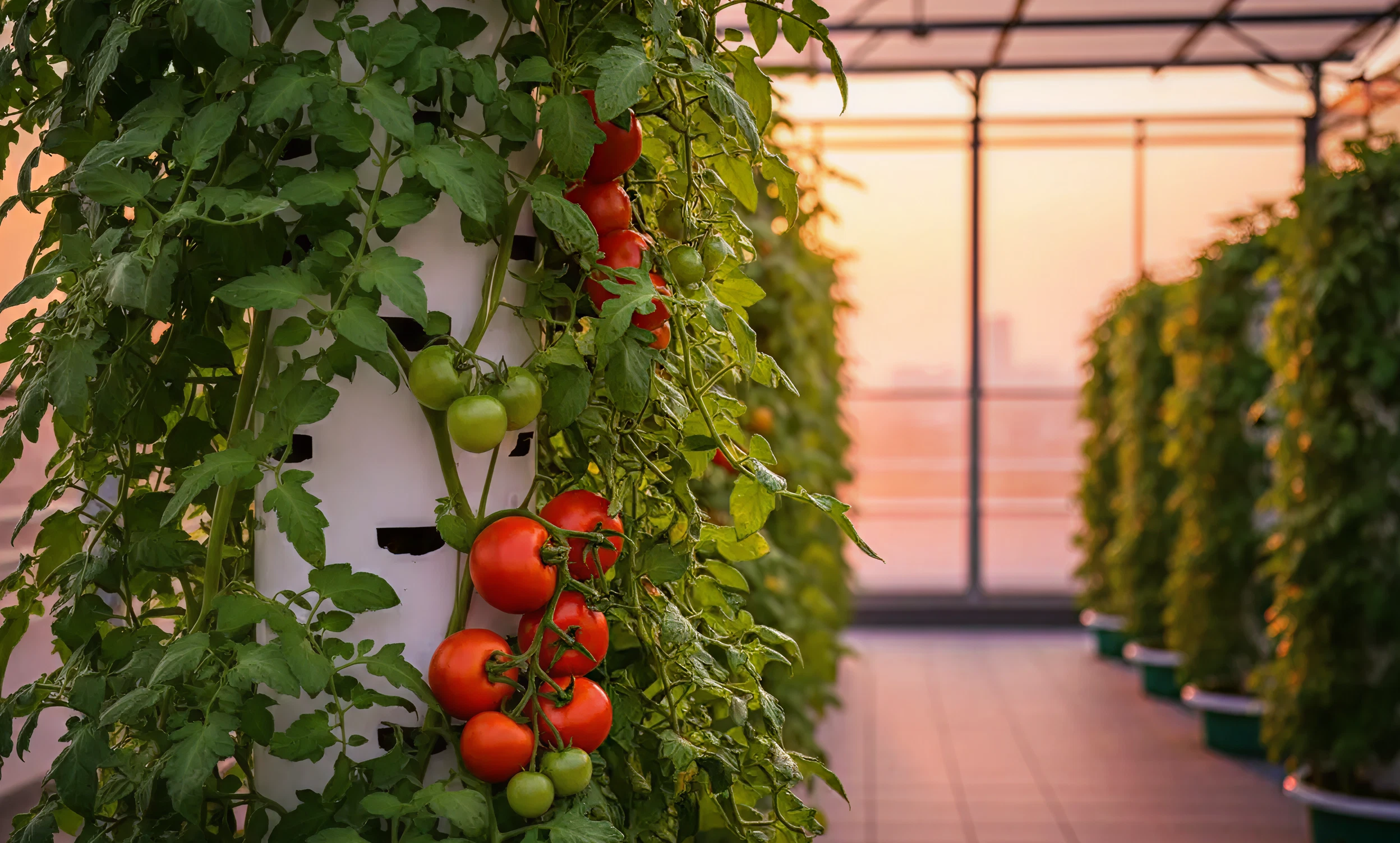Ripe tomatoes growing on a vertical hydroponic tower inside a Havacrop rooftop greenhouse at sunset