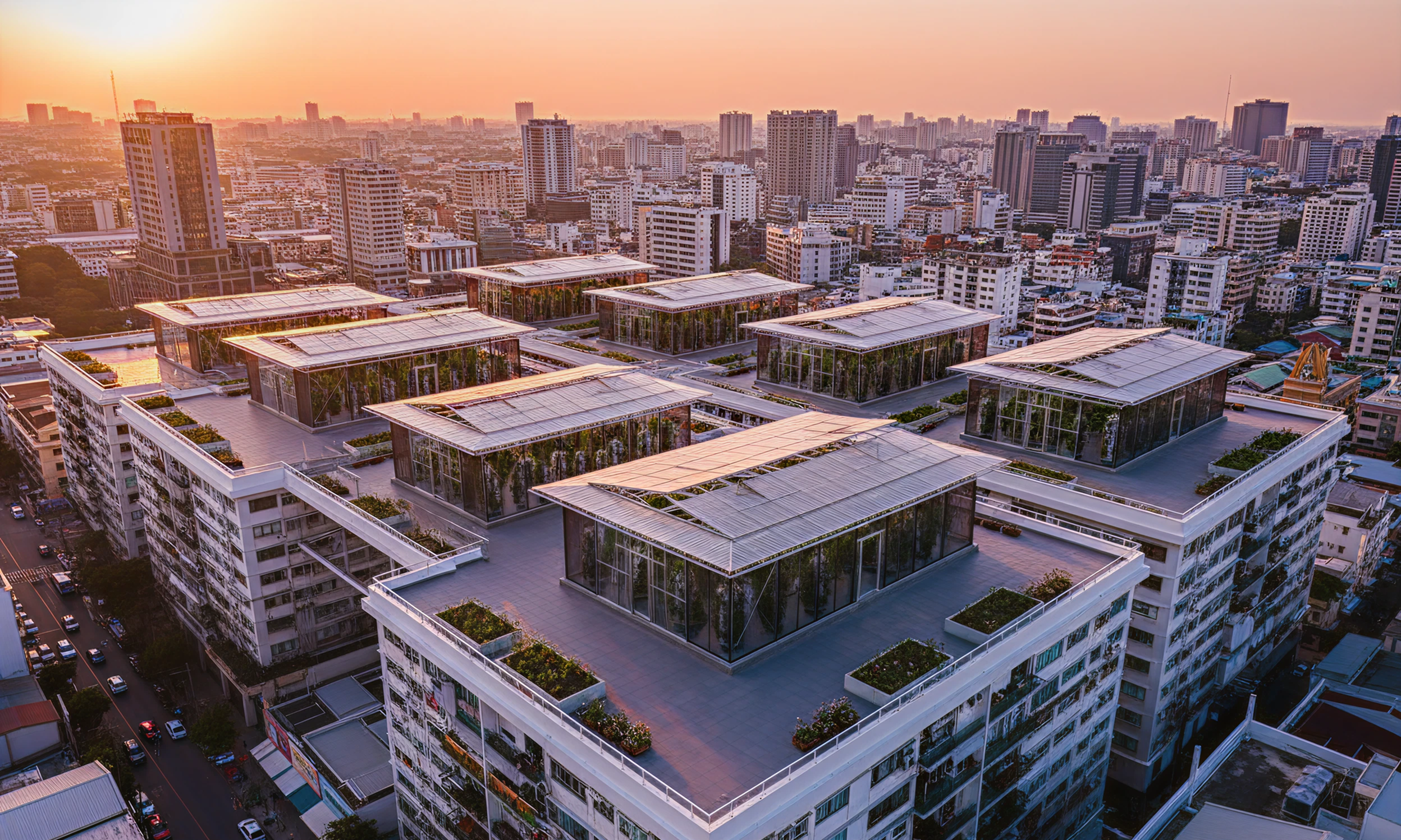 Urban farms integrated across rooftops in a modern city skyline